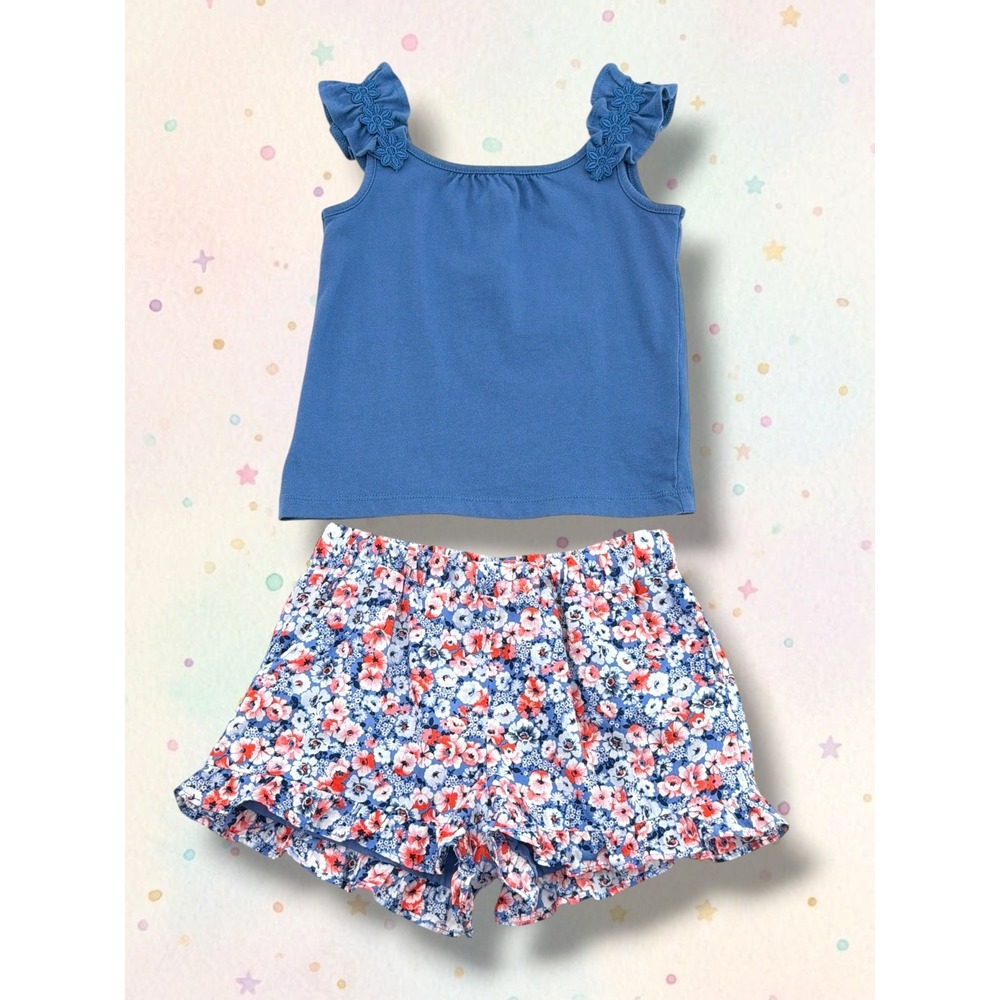 Janie and Jack Floral Ruffle Embroidered Tank and Shorts Set Blue 2T